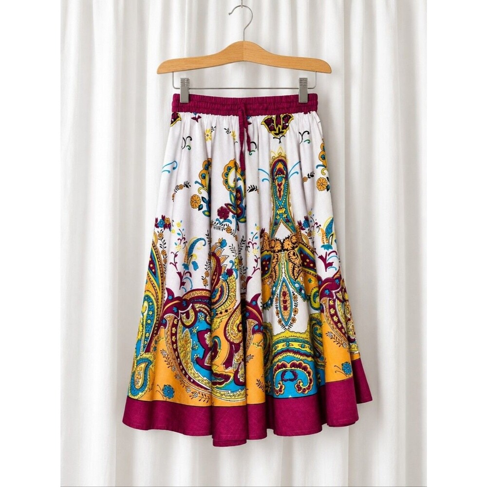Belma New York Boho Cream Multicolor Paisley Floral Global Inspired Circle Skirt